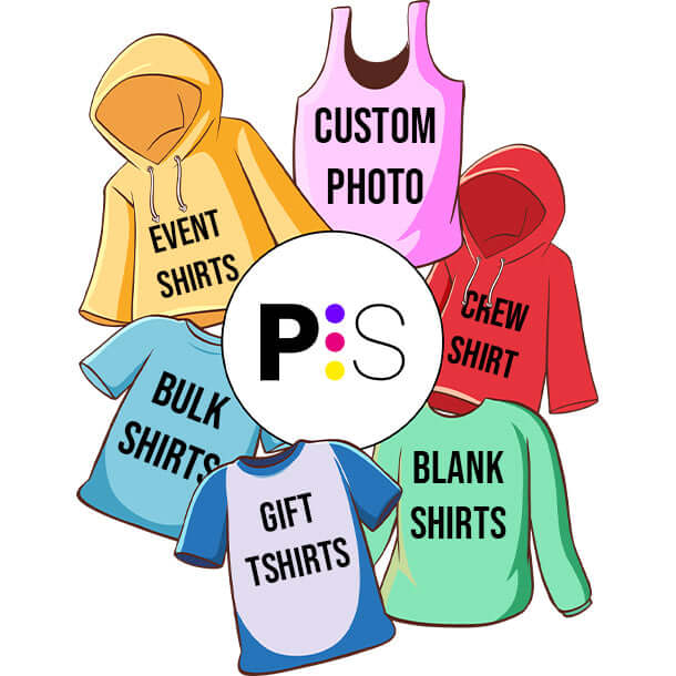 A collection of custom t-shirts and hoodies, showcasing various styles like event shirts and gift t-shirts.