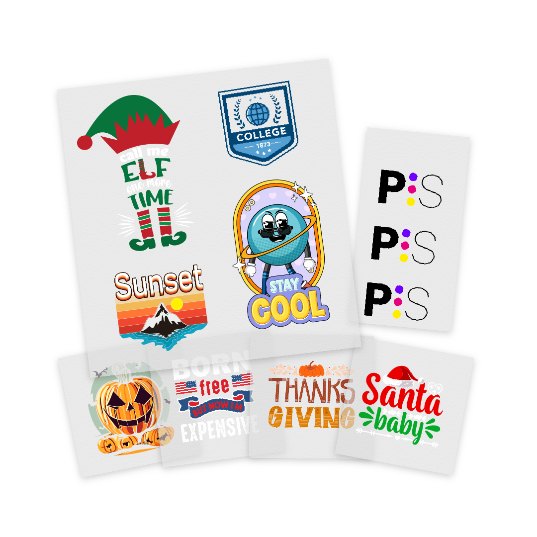 Assorted DTF transfers featuring various designs like holidays, college, and cool phrases for custom projects.