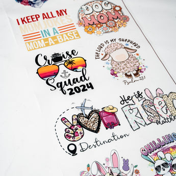 Colorful DTF gang sheet featuring trendy designs like 'Dog Mom' and 'Cruise Squad' for easy printing.