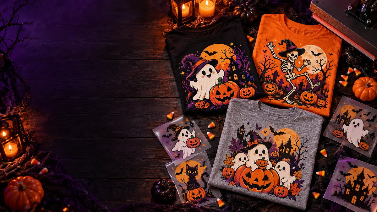 Halloween DTF transfer designs printed on black, orange and gray t-shirts with pumpkins and candles
